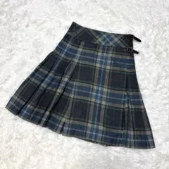 LAURA ASHLEY ウールプリーツラップスカート チェック　牛革ベルト　M