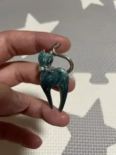 未使用 猫 ブローチ 青緑色