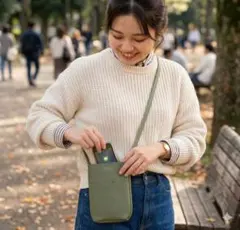 新品未使用　本革風 スマホショルダーポーチ カーキ オリーブ 縦型 サコッシュ