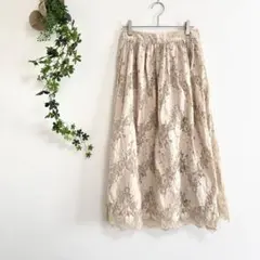 ［earth］レースフレアスカート（F）ロング丈 花柄刺繍 ウエストゴム 綿