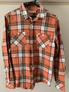 オレンジ チェック柄 長袖シャツ