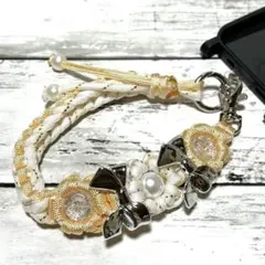 ハンドメイド　パラコード　ハンドストラップ　ストラップ　花　リボン　ジャスミン