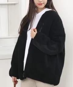 classicalelf 配色ノーカラーミドル丈無地ジップアップブルゾン 黒 М