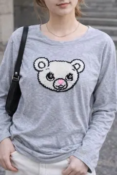 【希少】blondy くま刺繍 長袖ロンtFサイズ グレー クマデザイン 個性派のサムネイル