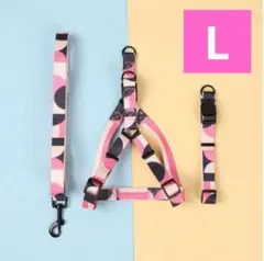 【L】犬ハーネス首輪リード【セット】ピンクおしゃれカラフル模様　中型大型のサムネイル