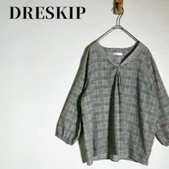 DRESKIP　グレンチェック柄　Vネックブラウス　7分袖　サイズL　ワールド