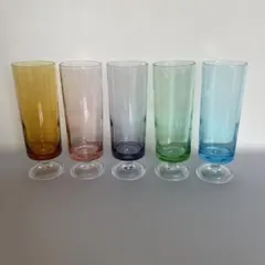 昭和レトロ カラフル5色脚付グラス5個セットビンテージ