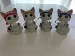 〈新品〉お願い猫　美濃焼き　猫 置物 4体セット 陶器製 ハチマキ　昭和レトロ