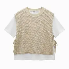 ZARA 半袖Tシャツ メッシュニットベスト ゴールド ラメ M
