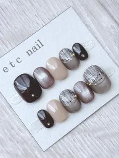 No.408ベリーショート　ネイルチップ　ブラウン　チェック　マグ　冬