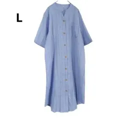 美品 未使用に近い ワンピース 水色 L 半袖 ロングワンピース シワ加工