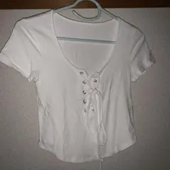 ホワイト レースアップ クロップドTシャツ