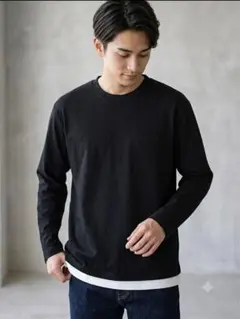 【極美品】コムサイズム フェイクレイヤード 長袖Tシャツ 黒 MロンT 重ね着風のサムネイル