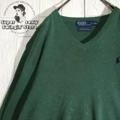 人気 ラルフローレン Vネックニットセーター XL相当 グリーン 刺繍ロゴ 古着