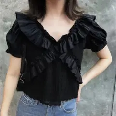 Y2K フェアリーグランジ バレエコア フリル パフスリーブ 短丈 黒トップス