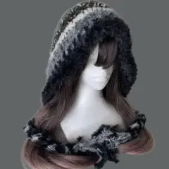 バラクラバ フード帽 ボンネット 黒グレーブラック y2k グランジ ファー付き