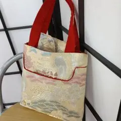 和風刺繍バッグ（クリーム色・赤）