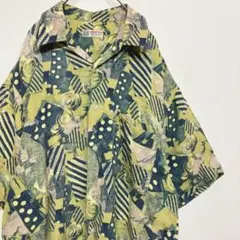 柄シャツ　デザインシャツ　総柄　黄色　古着　オーバーサイズ　ゆるだぼ