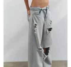 完売品⭐︎ZARA TRF ダメージ加工バギーミッドライズデニムパンツ 34 7