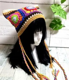 コットングラニースクエア♡お花のモチーフでカラフルかわいいネコ耳帽子