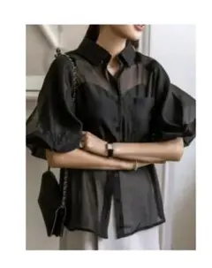 DAZY ブラックビショップスリーブシアーシャツ Lサイズ