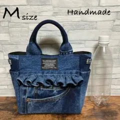デニムリメイク☆サイドポケット付きミニトートバッグ　フリル♡ M