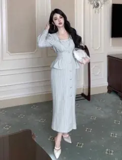 水色 チェック ツイード ワンホン ロングワンピース ドレス SHEINアリエク