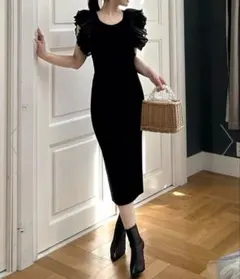 ROYAL PARTY 美品2025SS異素材ラッフルスリーブタイトニットワンピ