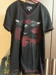 AJ 鷲グラフィック VネックTシャツ 黒 超薄 微弾力 L