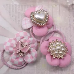 ハンドメイド/ピンクお花ヘアゴムセット