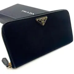 鑑定済み プラダ 長財布 ラウンドファスナー ナイロン レザー 黒 三角プレート