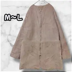 1362　ノーカラーロングジャケット　ボア切替　フェイクムートン風　ライトモカ