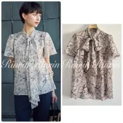 【美品】ANAYI ラインフラワープリントボウタイ ブラウス 38