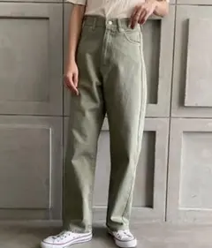 moment+  カラーヘビーツイル＆デニムストレートパンツ  グリーン