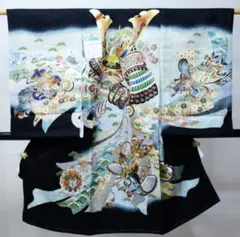 お宮参り 産着 のしめ 男児 正絹 綸子地 金刺繍 豪華絢爛 黒色 兜