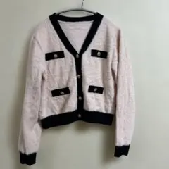 SHEIN Dazyピンクと黒のVネックカーディガン ふわふわ　Mサイズ　美品