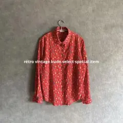 昭和レトロ 小花柄 総柄シャツ 長袖 赤 フラワープリント　ヴィンテージシャツ