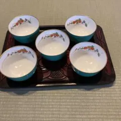 香蘭社 青緑色 陶器 湯飲み 5個セット 花柄