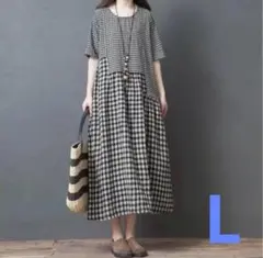 L ロングワンピース チェック柄 半袖 ワンピース　ギンガムチェック　マキシ
