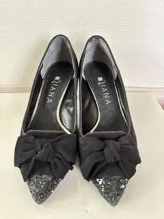 DIANAブラック リボン　スエード　秋冬パンプス 22cm