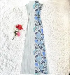 【美品】超希少 プリーツプリーズ 花柄 ハイネック ワンピース グレー 3