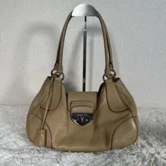 PRADA レザー ショルダーバッグ 鍵付き 金具 本革 ハンドバッグ ベージュ