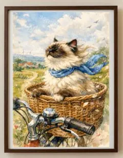 【水彩画アート】自転車の前かごで風を受ける猫 2L版写真用紙