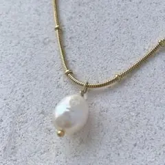 new【ゴールド】ステンレス　淡水パール　ドットスネークチェーン　ネックレス