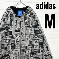 アディダス　パーカー　総柄　刺繍ロゴ　スリーライン　ボア　ジップアップ　【M】