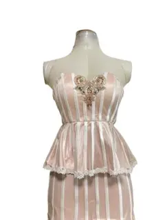 ビジュー付きストライプペプラムドレス(358)