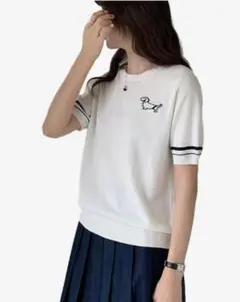 【新品★値下げ】 サマーニット　レディース　白　半袖　犬柄 S～Mのサムネイル