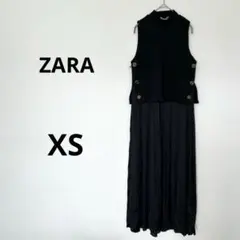 ZARA ザラ　プリーツワンピース　ノースリーブ 異素材ドッキング ロング　黒