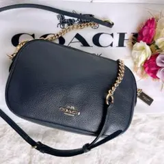 極美品☆COACHコーチ チェーン2wayショルダーバッグ シボ革 紺色グレー