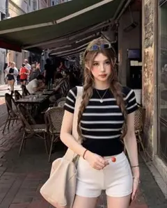 shein ストライプ半袖ニットトップス